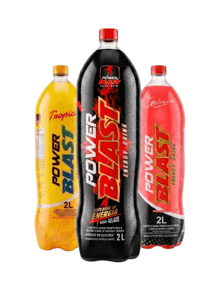 Linha Power Blast — Energy Drink tradicional, Tropical e Melancia, garrafas 2 litros